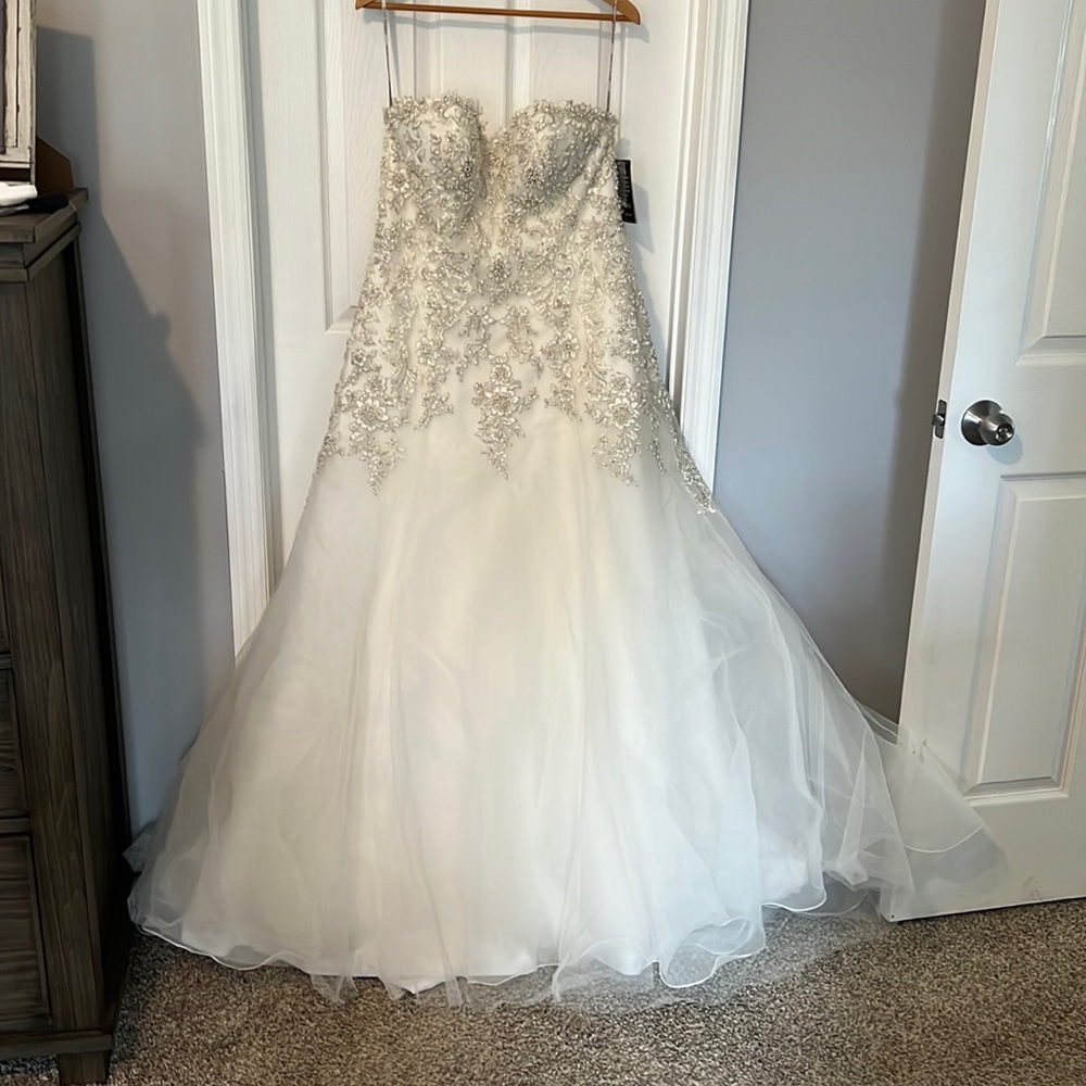Maggie Sottero Ivory and Silver Beaded Strapless Wedding Gown